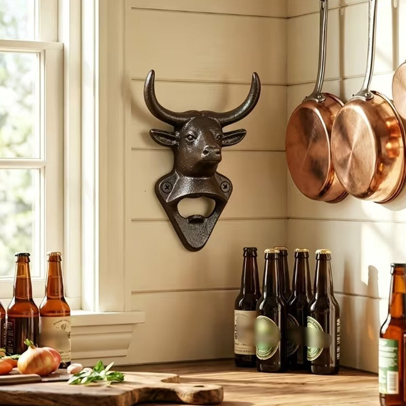 Cast Iron Heavy Duty Metal Bull Head Wall Mounted Drink Bottle Opener