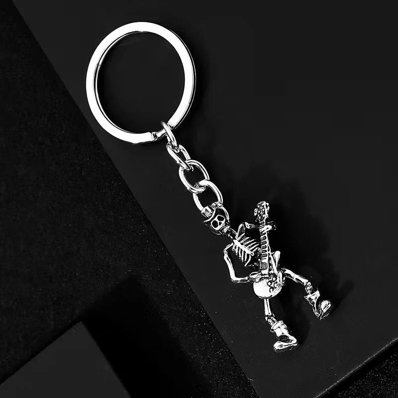 Mini Metal Skeleton Playing Guitar Keyring Premium Keychain Gift UK