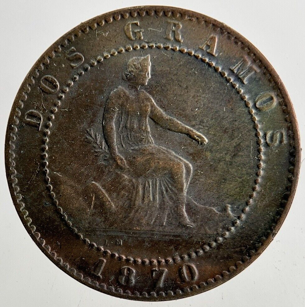 1870 Spain 2 Dos Centimos Coin | Fine Collectable Grade