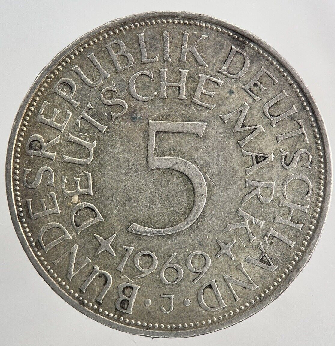 1969 - J Germany 5 Mark Silver Coin | Very High Grade