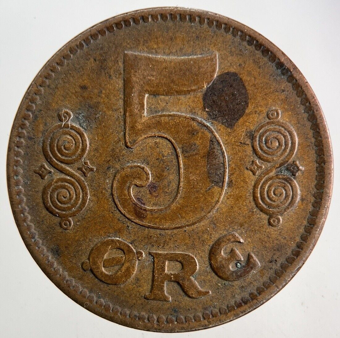 1921 Denmark 5 Ore Coin | Fine Collectable Grade