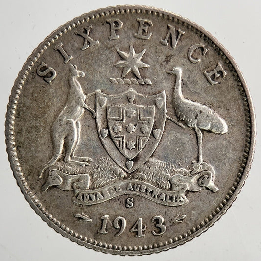 1943 - S Australia Sixpence Silver Coin | Fine Collectable Grade | a6442