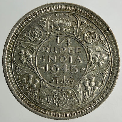 1945 India Quarter 1/4 Rupee Silver Coin | Fine Collectable Grade