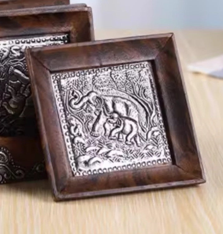 1 x Wooden Carved Coaster With Metal Elephant Liner Tabletop Coffee Drink Tray