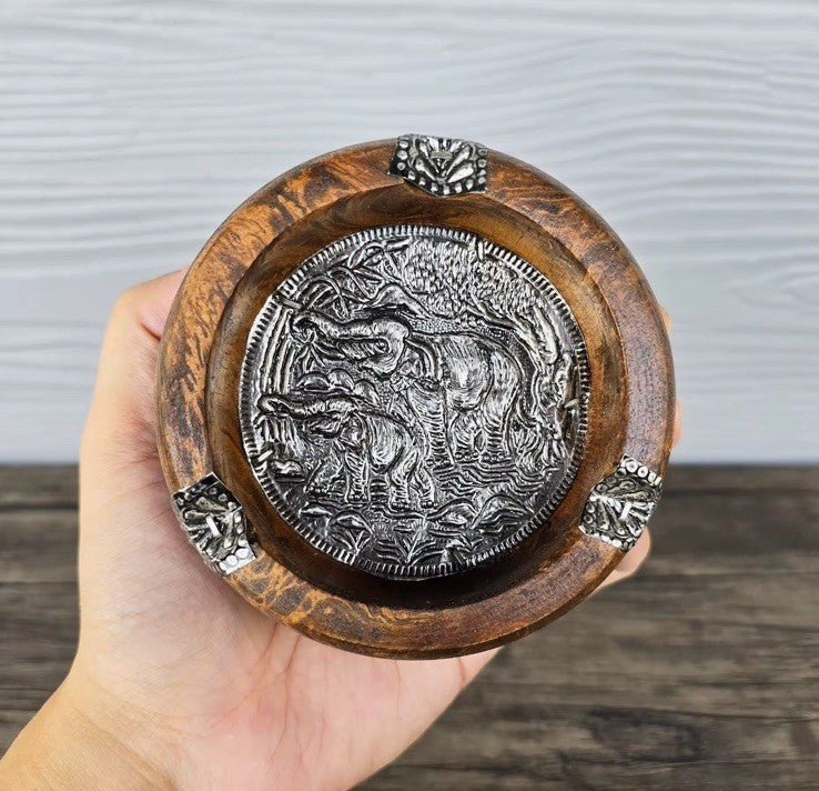 Wooden Carved Ashtray With Metal Elephant Liner Tabletop Cigarette Cigar Tray