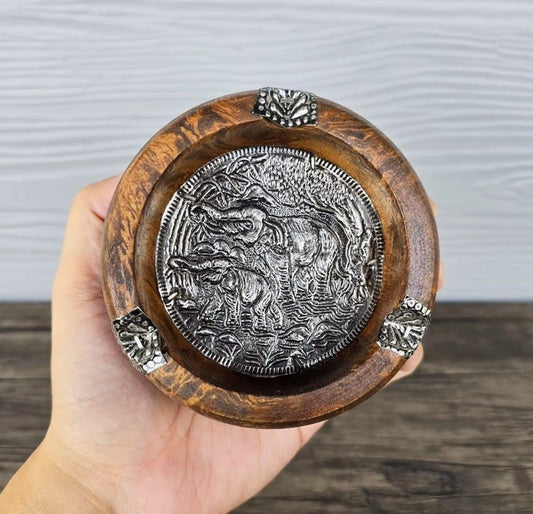 Wooden Carved Ashtray With Metal Elephant Liner Tabletop Cigarette Cigar Tray
