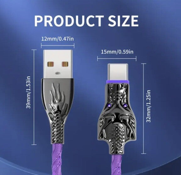 Red Glowing Dragon USB A To Type C Cable 100W Fast Charger Data Transfer 1M