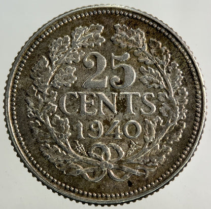 1940 Netherlands 25 Cents Silver Coin | Very High Grade