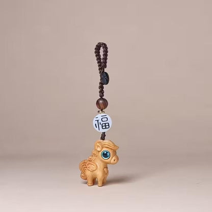 Mini Carved Wooden Blue Eyed Horse Pony Charm Keyring Keychain Gift UK