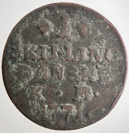 1771 Denmark 1 Skilling Danske Coin | Fine Collectable Grade | a9691