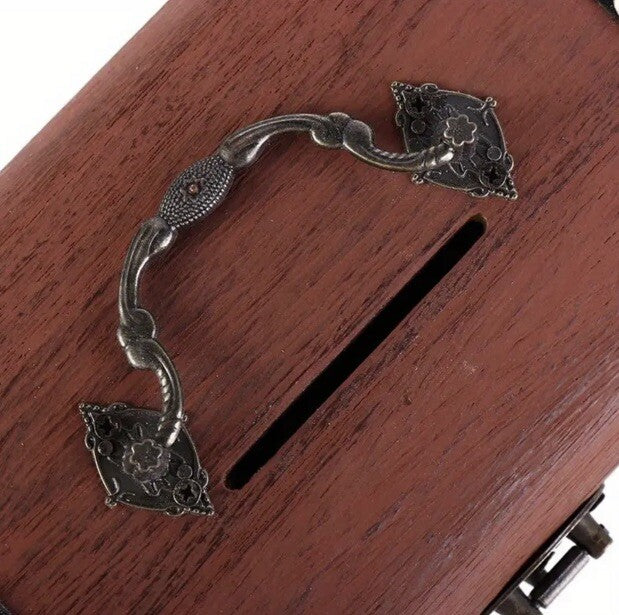 Rustic Vintage Wooden Treasure Chest Coin Savings Box with Lock & Key