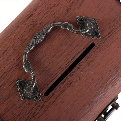 Rustic Vintage Wooden Treasure Chest Coin Savings Box with Lock & Key