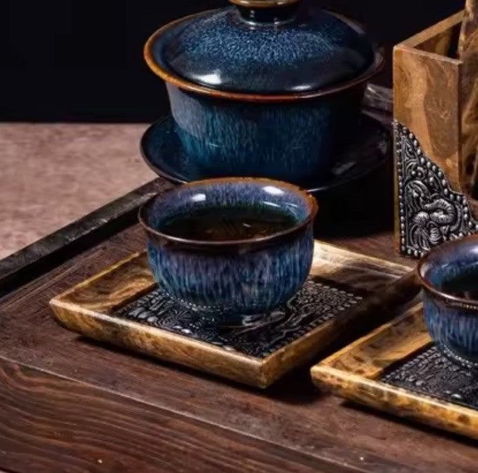 1 x Wooden Carved Coaster With Metal Elephant Liner Tabletop Coffee Drink Tray