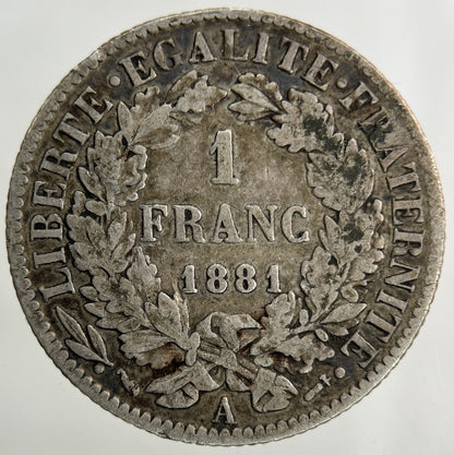 1881 France 1 Franc Silver Coin | Fine Collectable Grade