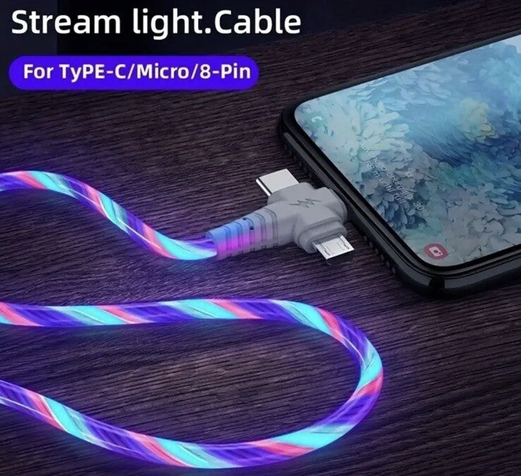 LED 3 in 1 USB A To Type C iPhone Lightening Micro - USB Cable Fast Charger 1M