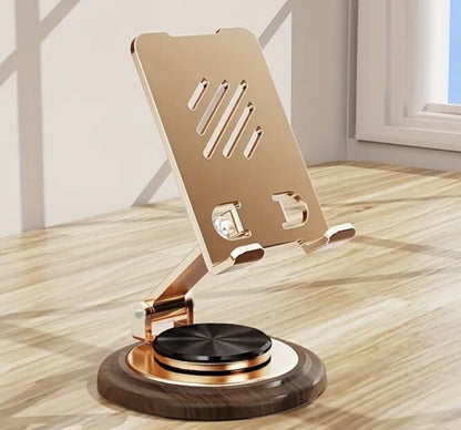 Gold Metal Phone Tablet iPad Adjustable View Angle Stand With A Wood Walnut Base