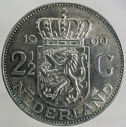 1960 Netherlands 2 1/2 Gulden Silver Coin | Very High Grade