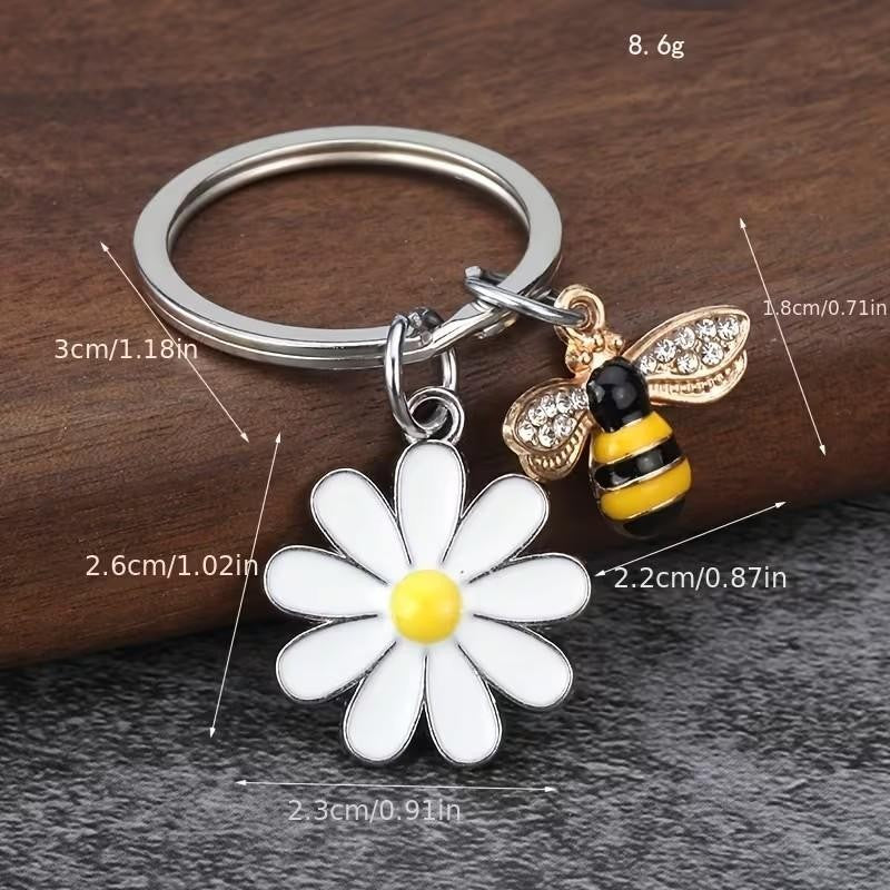 Metal Honey Bee & Daisy Charm Keyring Keychain Gift UK