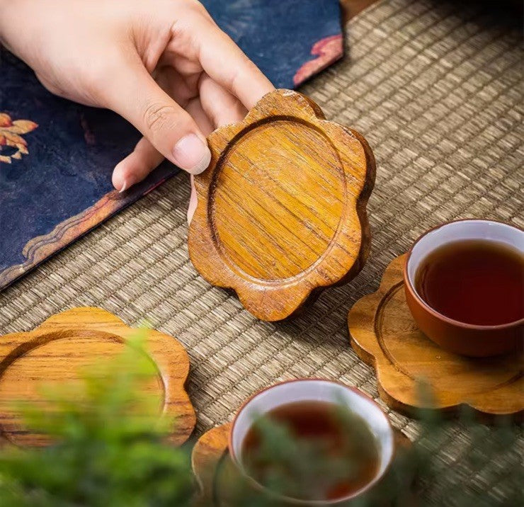 1 x Wooden Carved Flower Shaped Coaster Tabletop Coffee Drink Rustic Tray
