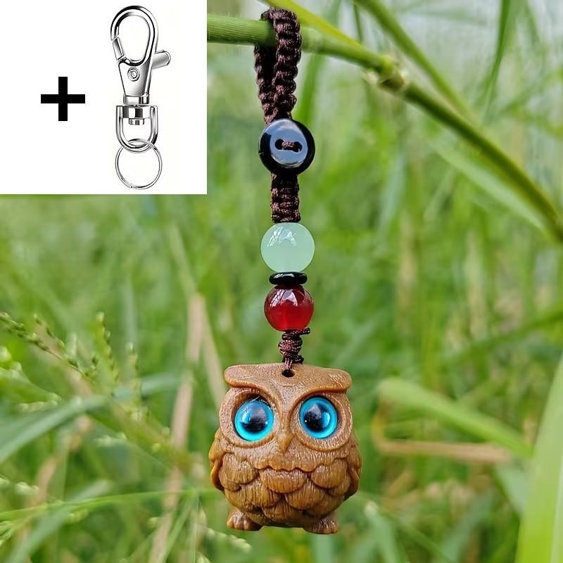 Mini Carved Wooden Blue Eyed Owl Charm Keyring Keychain Gift UK