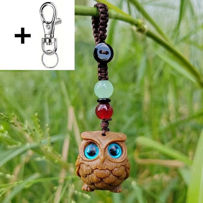 Mini Carved Wooden Blue Eyed Owl Charm Keyring Keychain Gift UK