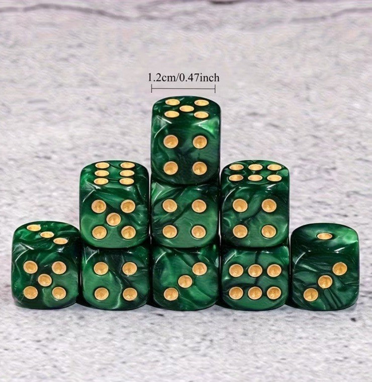12 x Green / Gold 12mm Dice Dungeons and Dragons RPG Role Playing Board Game