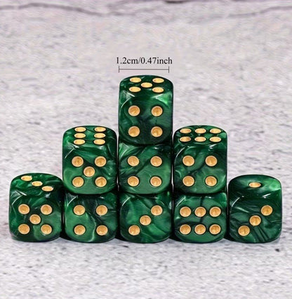 12 x Green / Gold 12mm Dice Dungeons and Dragons RPG Role Playing Board Game