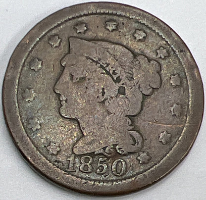 1850 US USA Braided Hair Large 1 Cent | American Copper Coin | Fair Grade