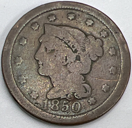 1850 US USA Braided Hair Large 1 Cent | American Copper Coin | Fair Grade