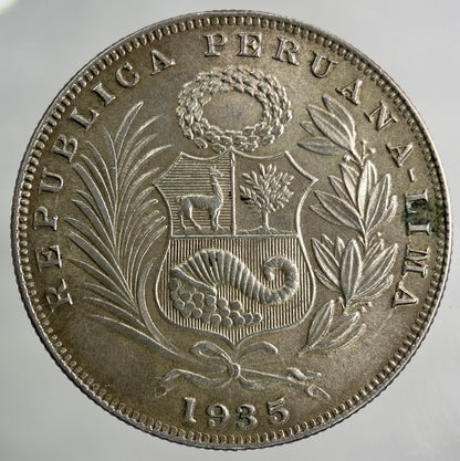 1935 Peru 1/2 Half Sol Silver Coin | Very High Grade