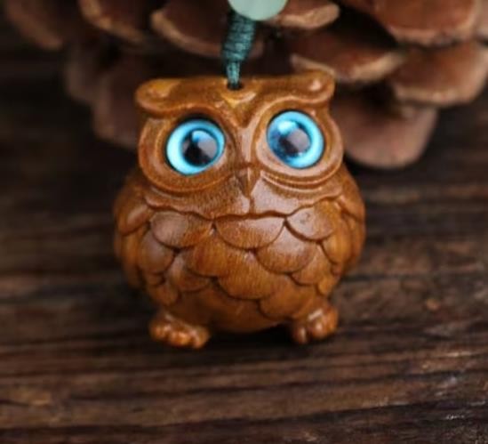 Mini Carved Wooden Blue Eyed Owl Charm Keyring Keychain Gift UK