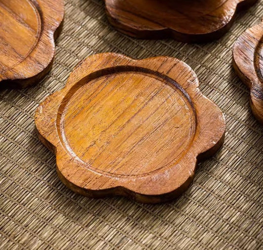 1 x Wooden Carved Flower Shaped Coaster Tabletop Coffee Drink Rustic Tray