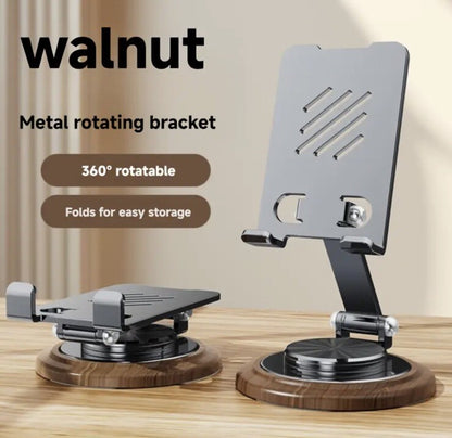 Grey Metal Phone Tablet iPad Adjustable View Angle Stand With A Wood Walnut Base