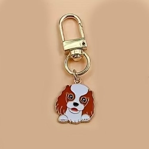 Mini Metal Cute Brown & White Dog Charm Keyring Keychain Gift UK