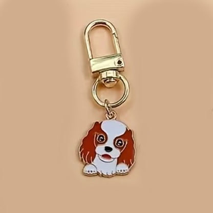 Mini Metal Cute Brown & White Dog Charm Keyring Keychain Gift UK
