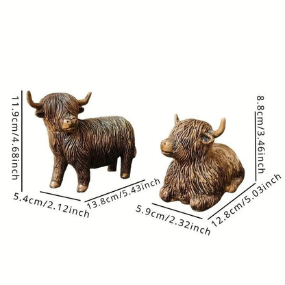 x2 Resin Golden Figurines of Highland Cows Home Figurine Sculpture Gift UK