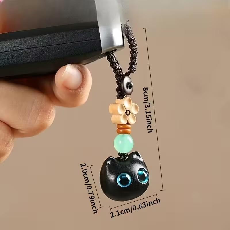 Mini Carved Wooden Blue Eyed Black Cat Charm Keyring Keychain Gift UK