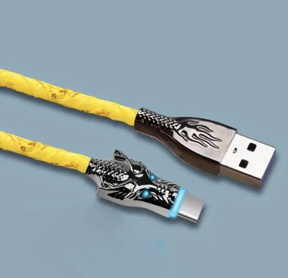 Yellow Glowing Dragon USB A To Type C Cable 100W Fast Charger Data Transfer 1M