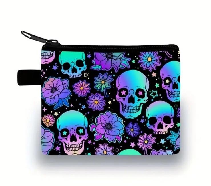 Purple & Blue Skull Zipper For Coins Keys Cards Small Essentials Pouch Gift UK