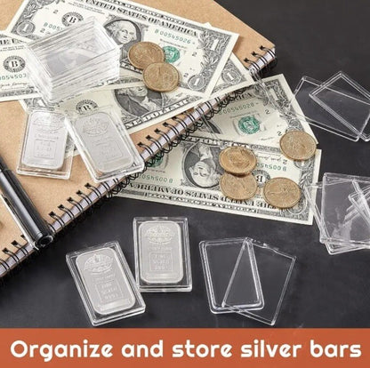 2 x Silver Bullion Bar Coin Transparent Clear Protective Capsule - 5cm x 3cm