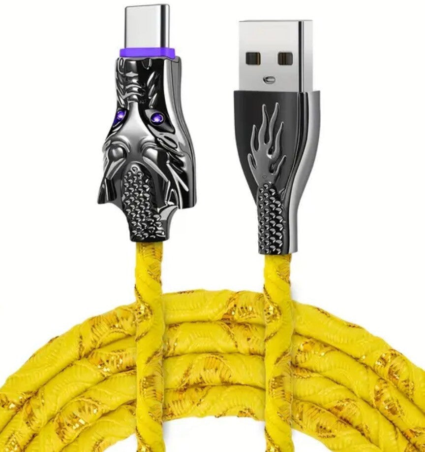 Yellow Glowing Dragon USB A To Type C Cable 100W Fast Charger Data Transfer 1M