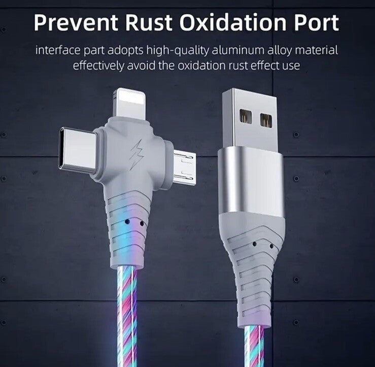 LED 3 in 1 USB A To Type C iPhone Lightening Micro - USB Cable Fast Charger 1M