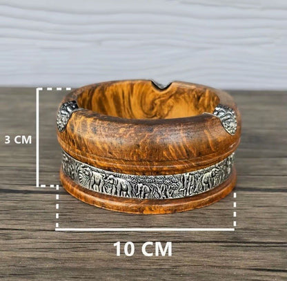 Wooden Carved Ashtray With Metal Elephant Liner Tabletop Cigarette Cigar Tray