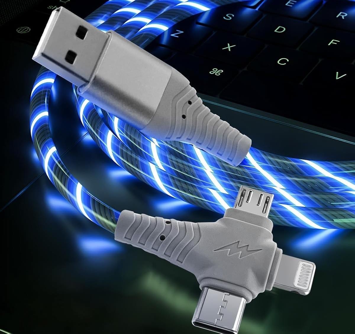 3 in 1 Blue 2M 2 Meter LED USB Cable Multi Charger iPhone Lightening Type C