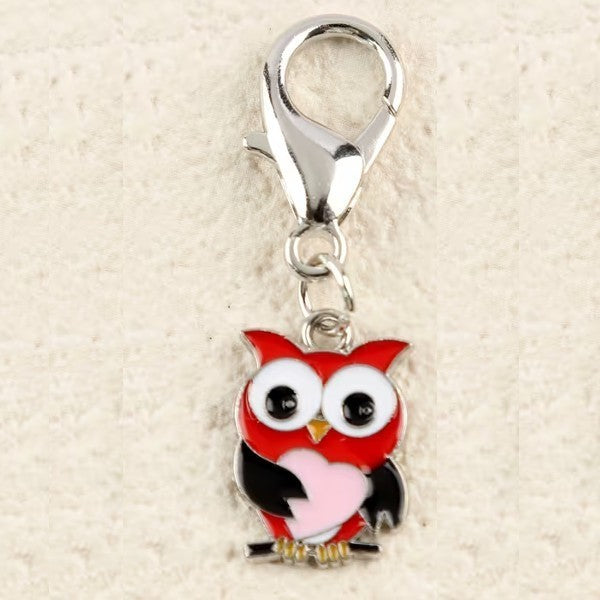 Mini Metal Red Owl With Pink Love Heart Animal Charm Keyring Keychain Gift UK