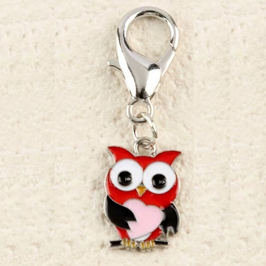 Mini Metal Red Owl With Pink Love Heart Animal Charm Keyring Keychain Gift UK