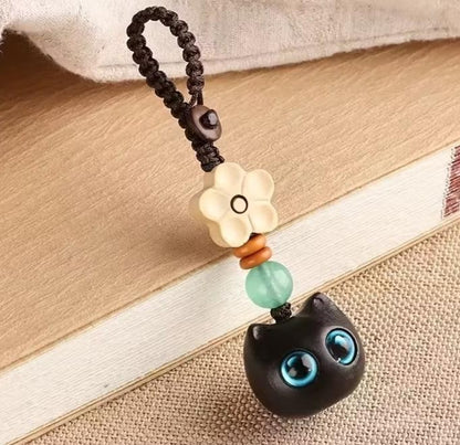 Mini Carved Wooden Blue Eyed Black Cat Charm Keyring Keychain Gift UK