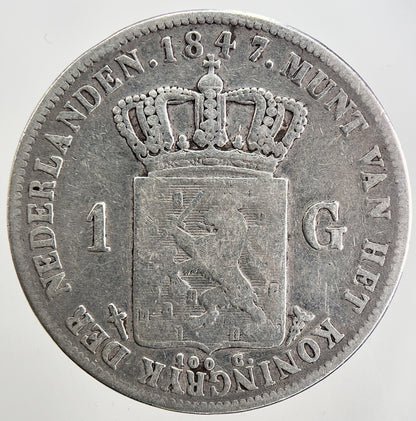 1847 Netherlands 1 One Gulden Silver Coin | Fine Collectable Grade