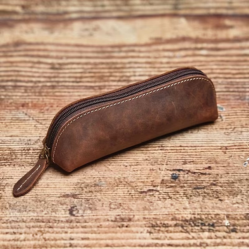 Cowhide Vintage Style Pencil Case Premium Genuine Leather Glasses Storage Bag