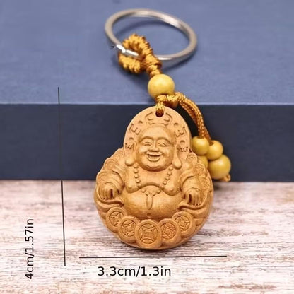 Laughing Buddha Buddhism Shaped Carved Wood Keyring Premium Keychain Gift UK